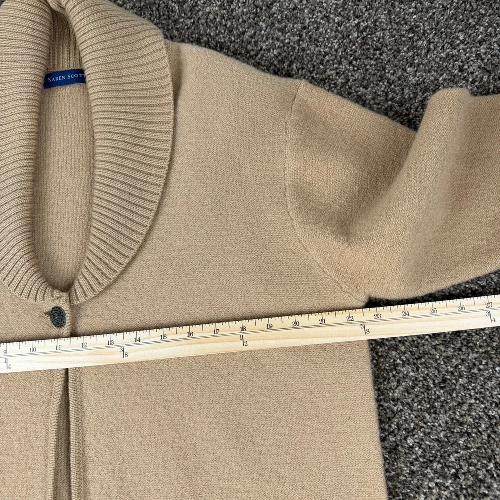 Karen Scott Womens Medium 100% Wool Cardigan Camel Tan Shawl Collar Long Sweater